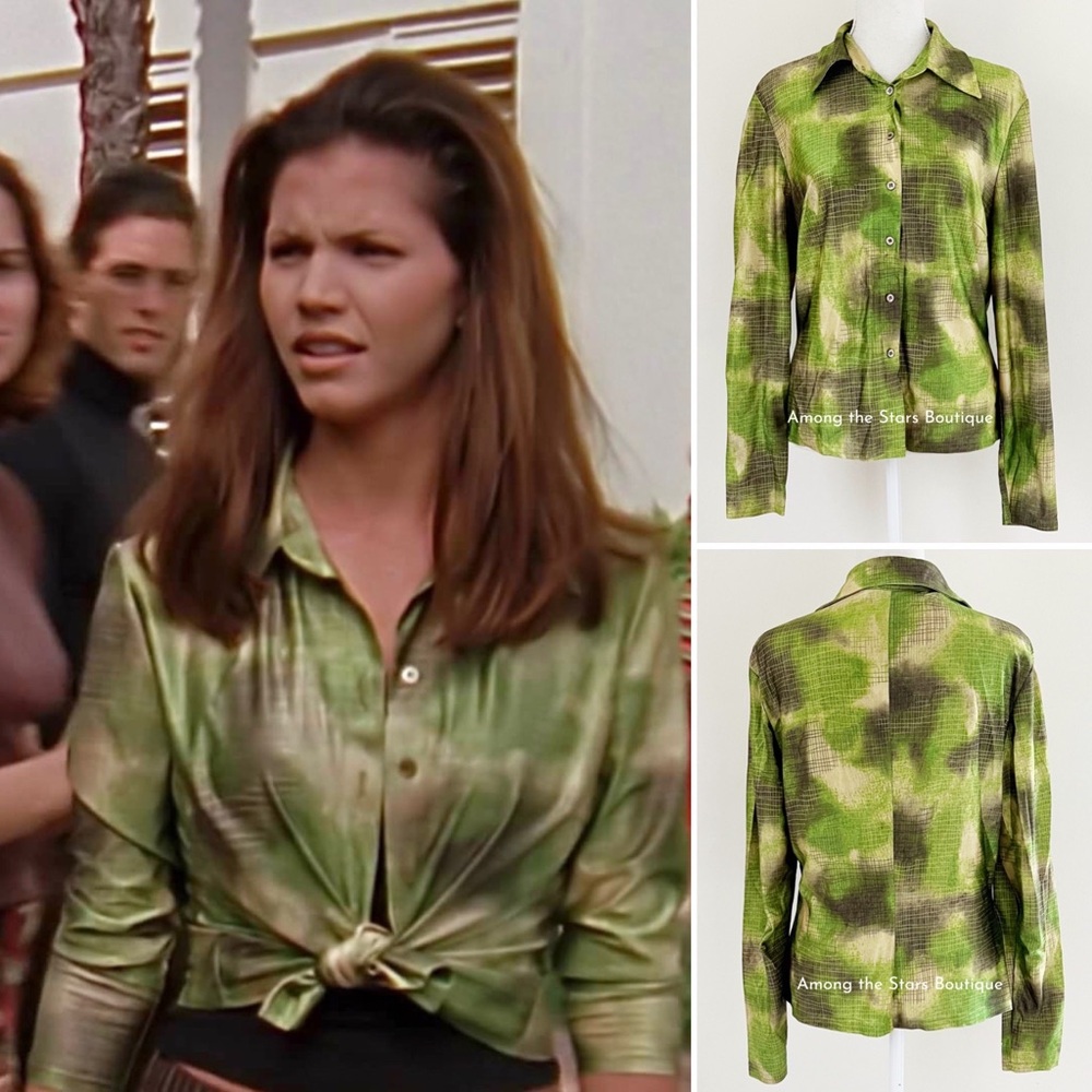Very Rare 90s Vintage Green Abstract Print Button-Up Blouse ASO Cordelia in BTVS - Picture 3 of 14